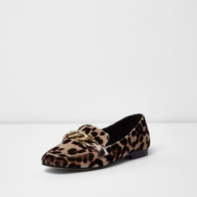 Beige leopard print gold tone chain loafers